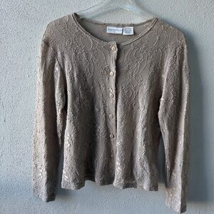 Vintage Worthington Beige Lace Long Sleeve‎ Button Up Top Size Large Cottage